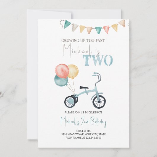 TWEE Fast Blue driewieler verjaardagsuitnodiging Kaart (Voorkant)