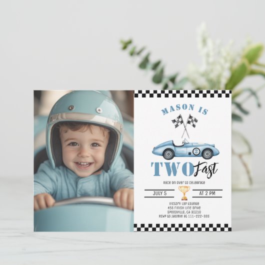 Twee Fast Blue Photo Race Auto Boy 2e verjaardag Kaart (Staand voorkant)