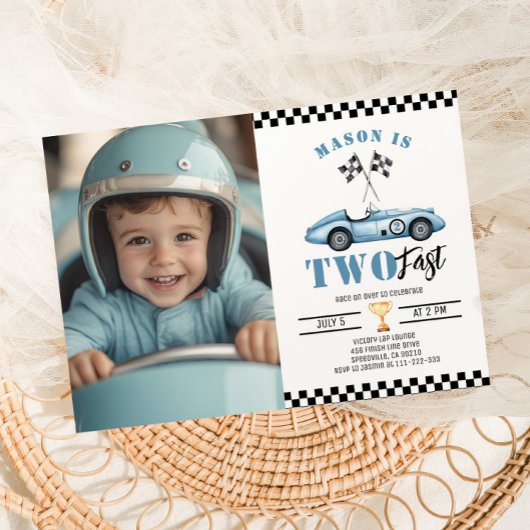 Twee Fast Blue Photo Race Auto Boy 2e verjaardag Kaart