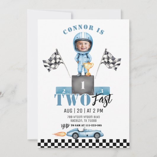 Twee Fast Blue Race auto Foto 2e verjaardag Kaart (Voorkant)