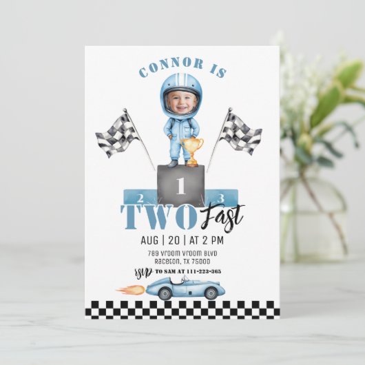 Twee Fast Blue Race auto Foto 2e verjaardag Kaart (Staand voorkant)