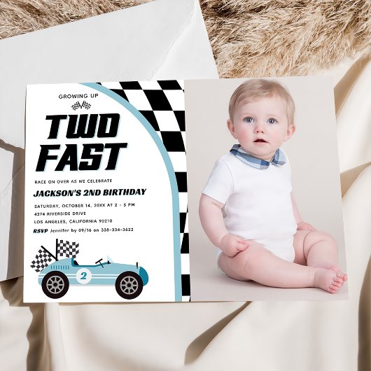 Twee Fast Blue Race Auto Verjaardagsfeestfoto Kaart