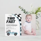 Twee Fast Blue Race Auto Verjaardagsfeestfoto Kaart (Staand voorkant)