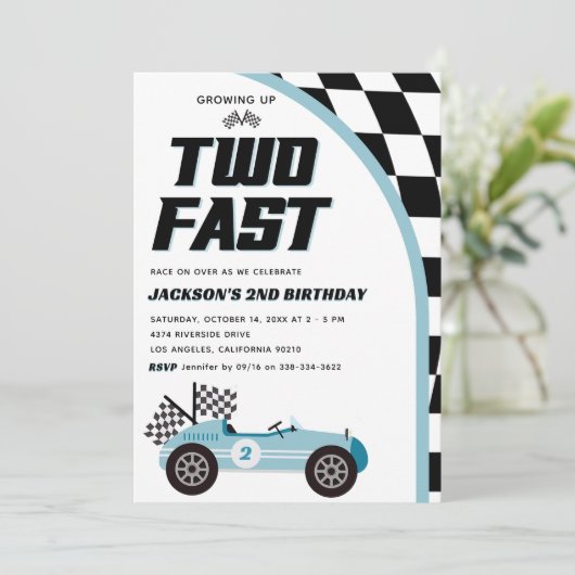 Twee Fast Blue Race auto Verjaardagsfeestje Kaart (Staand voorkant)