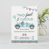 Twee Fast Blue Race Car 2e verjaardag uitnodiging (Staand voorkant)