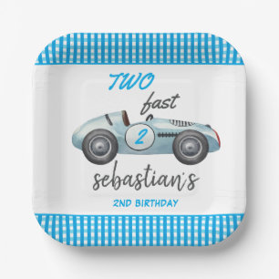Twee Fast Blue Race Car 2e verjaardag uitnodiging Papieren Bordje