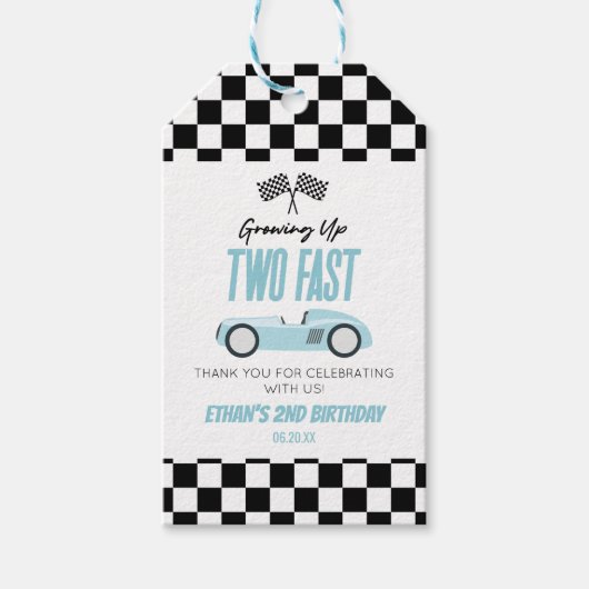 Twee Fast Blue Race Car 2e Verjaardagsfeest Cadeaulabel (Voorkant)