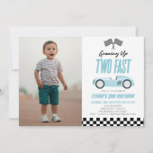 Twee Fast Blue Race Car 2e Verjaardagsfeest Kaart (Voorkant)