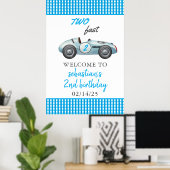 Twee Fast Blue Race Car 2e Verjaardagsfeest Poster (Thuiskantoor)