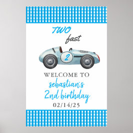 Twee Fast Blue Race Car 2e Verjaardagsfeest Poster
