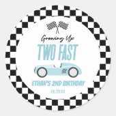 Twee Fast Blue Race Car 2e Verjaardagsfeest Ronde Sticker (Voorkant)