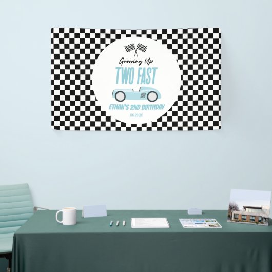 Twee Fast Blue Race Car 2e Verjaardagsfeest Spandoek (Beurs)