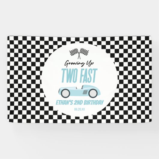 Twee Fast Blue Race Car 2e Verjaardagsfeest Spandoek (Horizontaal)