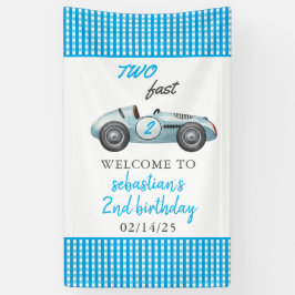Twee Fast Blue Race Car 2e Verjaardagsfeest Spandoek