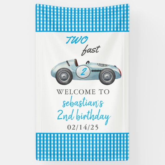 Twee Fast Blue Race Car 2e Verjaardagsfeest Spandoek (Verticaal)