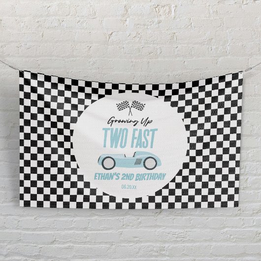 Twee Fast Blue Race Car 2e Verjaardagsfeest Spandoek