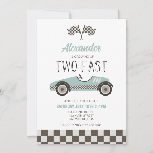Twee Fast BLUE Race Car Birthday Uitnodiging (Voorkant)