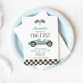 Twee Fast BLUE Race Car Birthday Uitnodiging