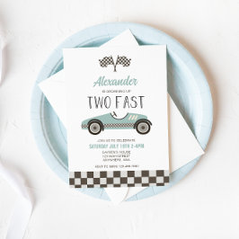 Twee Fast BLUE Race Car Birthday Uitnodiging