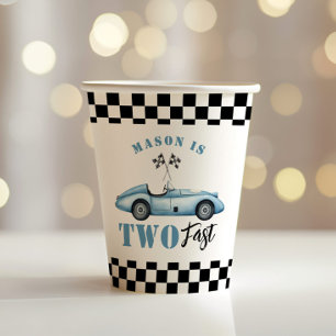 Twee Fast Blue raceauto Kinder 2e Verjaardag Papieren Bekers