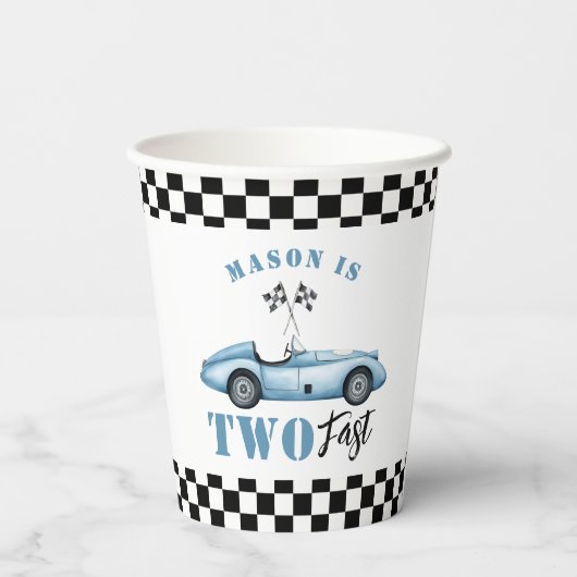 Twee Fast Blue raceauto Kinder 2e Verjaardag Papieren Bekers (Achterkant)