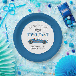 Twee Fast Blue Racing Car 2e Verjaardag Papieren Bordje