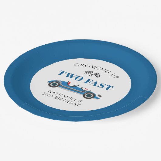 Twee Fast Blue Racing Car 2e Verjaardag Papieren Bordje (Gekanteld)