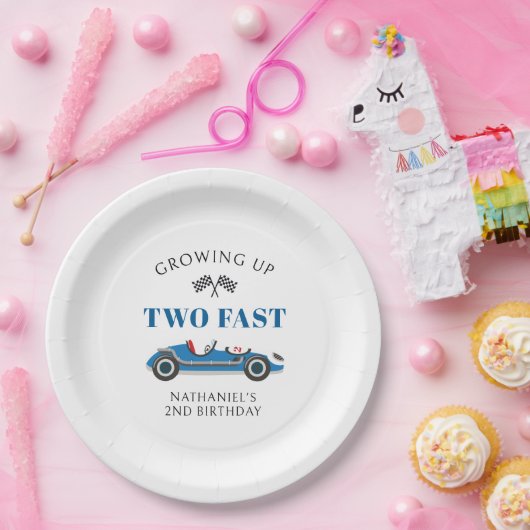 Twee Fast Blue Racing Car 2e Verjaardag Papieren Bordje (Feest)
