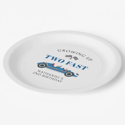 Twee Fast Blue Racing Car 2e Verjaardag Papieren Bordje (Gekanteld)