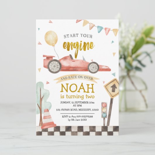 Twee Fast Boy Birthday Racing Uitnodiging (Staand voorkant)