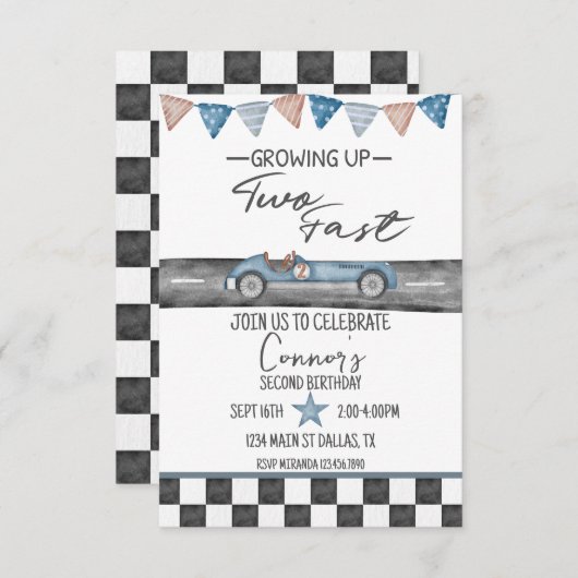 Twee Fast Boy Second Birthday Invitation Kaart (Voorkant / Achterkant)