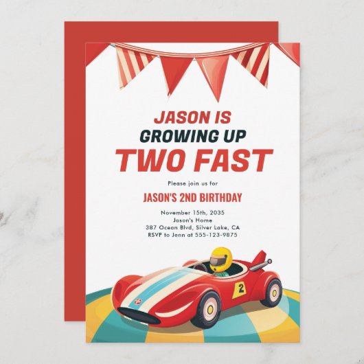 Twee Fast Race Car 2e verjaardag Uitnodiging (Voorkant / Achterkant)