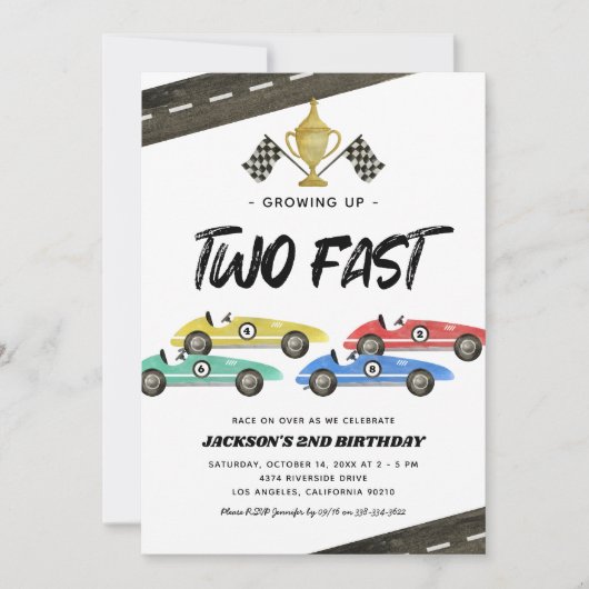 Twee Fast Race Car 2e verjaardag Uitnodiging (Voorkant)