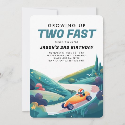 Twee Fast Race Car 2e verjaardag Uitnodiging (Voorkant)
