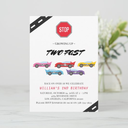 Twee Fast Race Car 2e verjaardag Uitnodiging (Staand voorkant)
