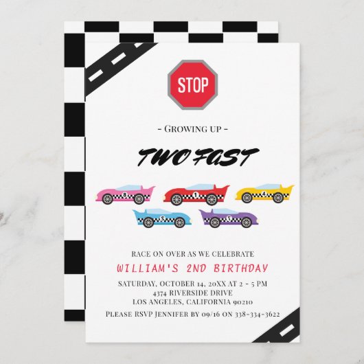 Twee Fast Race Car 2e verjaardag Uitnodiging (Voorkant / Achterkant)