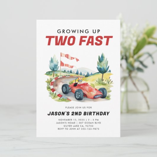 Twee Fast Race Car 2e verjaardag Uitnodiging (Staand voorkant)