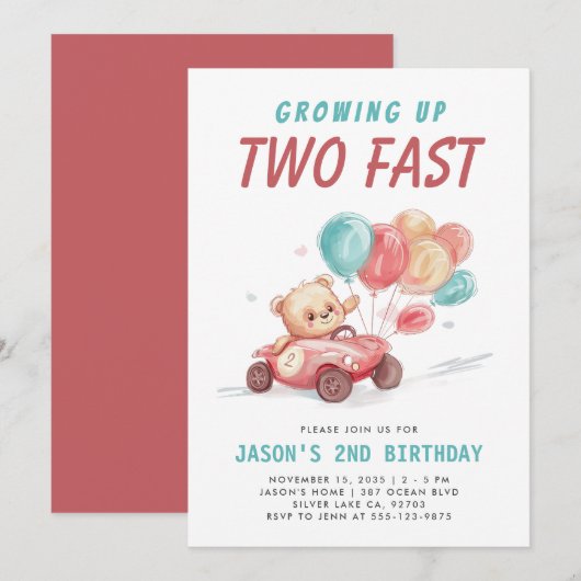 Twee Fast Race Car 2e verjaardag Uitnodiging (Voorkant / Achterkant)