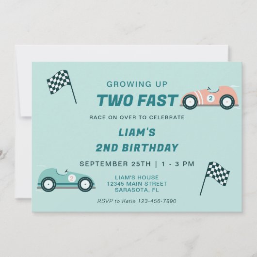 Twee Fast Race Car 2e verjaardag Uitnodiging (Voorkant)