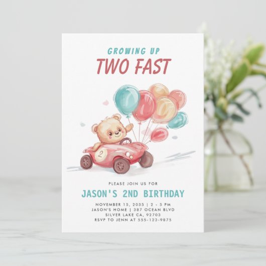 Twee Fast Race Car 2e verjaardag Uitnodiging (Staand voorkant)