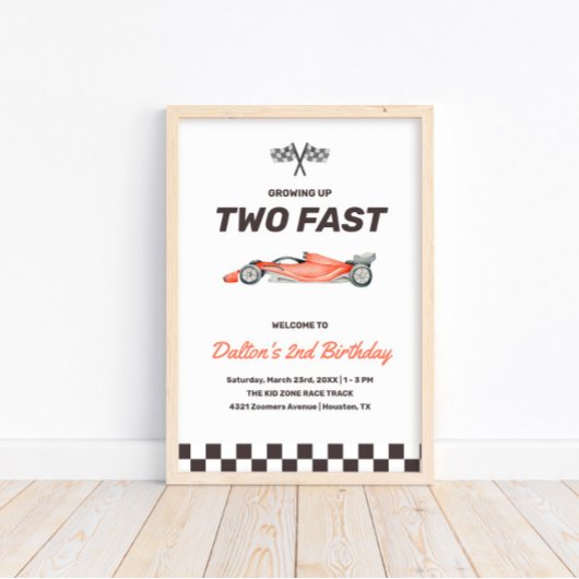 Twee Fast Race Car 2nd Boy's Birthday Welkom Poster