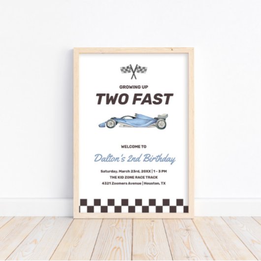 Twee Fast Race Car 2nd Boy's Birthday Welkom Poster