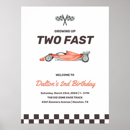 Twee Fast Race Car 2nd Boy's Birthday Welkom Poster