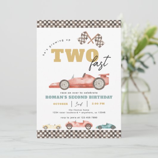 Twee Fast Race Car Birthday Party-uitnodigingen Kaart (Staand voorkant)