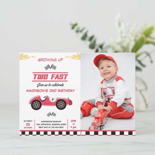 Twee Fast Race Car Boy 1e Verjaardag Party Foto Kaart (Staand voorkant)