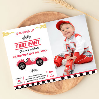 Twee Fast Race Car Boy 1e Verjaardag Party Foto Kaart