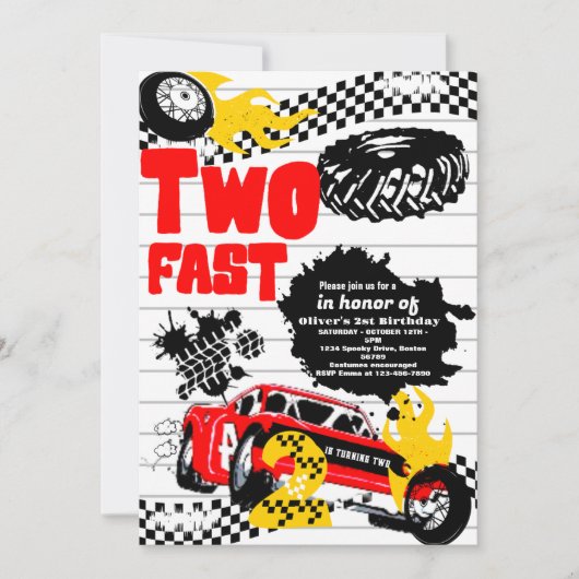 Twee Fast Race Car Boy 2e verjaardag Invitat Kaart (Voorkant)