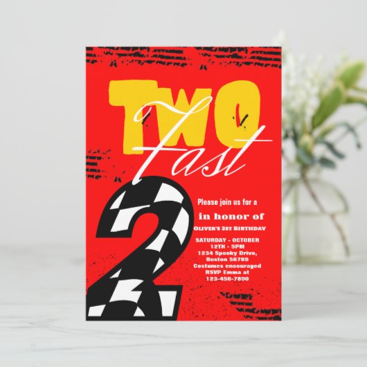 Twee Fast Race Car Boy 2e verjaardag Uitnodiging (Staand voorkant)