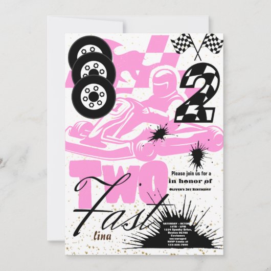 Twee Fast Race Car Boy 2e verjaardag Uitnodiging (Voorkant)