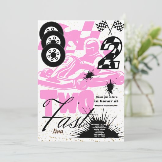 Twee Fast Race Car Boy 2e verjaardag Uitnodiging (Staand voorkant)